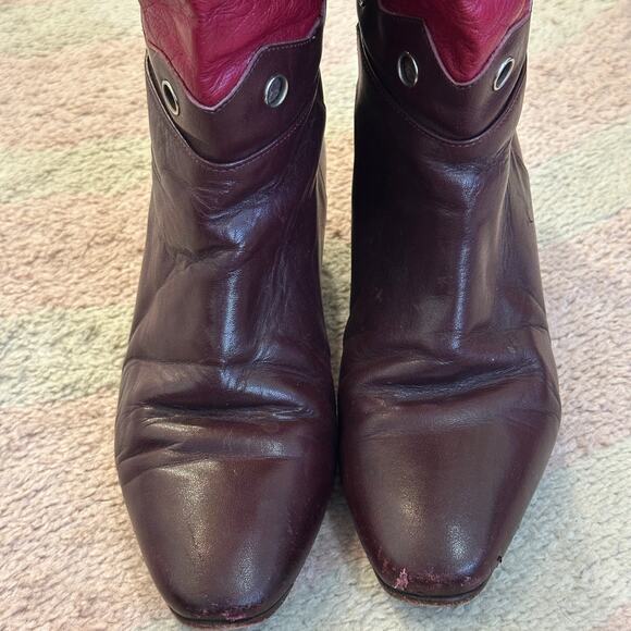 Vintage 80s Vita Mori Burgundy Geometric Western Revival Art Deco Leather Boots - Picture 2 of 12